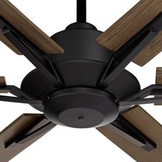 a black ceiling fan with wooden blades on it's sides and dark wood accents