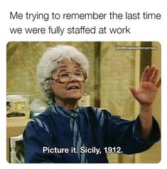 an older woman with glasses is holding her hand up in front of the caption that reads, when someone asks me when i was the last time i got a decent night's sleep