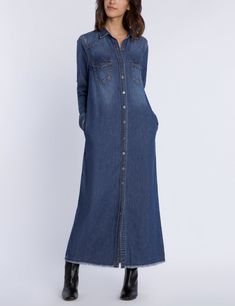 Denim Maxi Shirtdress Malibu Blue Front View Malibu Blue, Fall Wardrobe Essentials, Denim Maxi Dress, Crochet Maxi Dress, Crochet Maxi, Denim Maxi, Denim Maxi Skirt, Satin Gown, Denim Button Down