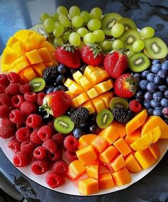 a white plate topped with lots of different types of fruit