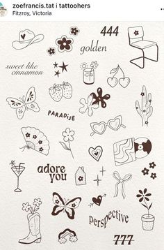 some tattoos that are on the back of a sheet of paper with words and symbols