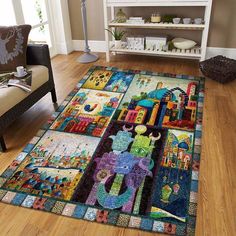 a colorful area rug with many different pictures on it