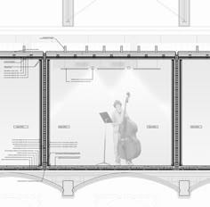 an architectural drawing of a man standing in front of a window with his arms up