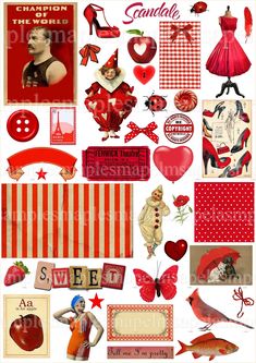 a collage of red and white images with hearts, buttons, stars, stripes