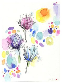 three watercolor flowers on white paper with blue and pink paint splatters in the background