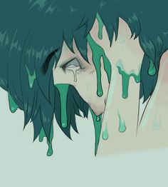 a woman with green hair and dripping paint on her face