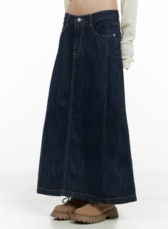 stitched-pintuck-denim-maxi-skirt-cg426 / Dark blue Dark Denim Skirt, Maxi Denim Skirt, Festival Trends, Denim Skirt Outfits, Denim Maxi, Denim Maxi Skirt, Prom Outfits, Fashion Korean, Korean Street Fashion