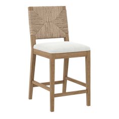 an upholstered wooden bar stool with a white cushion on the back and seat