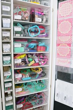 the closet is filled with lots of crafting supplies and storage bins for all kinds of items