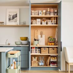 an open pantry with lots of items in it