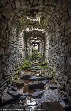 an old stone tunnel with moss growing on the rocks and water running down it's sides