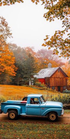 an old blue truck parked in front of a barn with autumn leaves on the trees