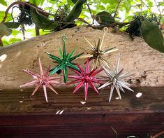 three star shaped ornaments are hanging from a tree branch in front of some leaves and branches