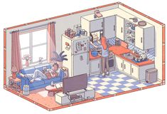 an illustrated view of a kitchen and living room