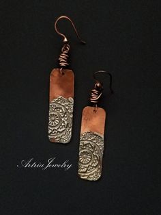 These Copper Bar Earrings with Silver Solder Mandalas are a great pair of mixed metal earrings. Accented with copper wire knots. These earrings are part of our Mandala Collection. Mandala Pendant/Necklace is available at - Handmade Rectangular Copper Earrings, Rectangular Copper Earrings With Ear Wire, Sheet Metal Jewelry, Mandala Earrings, Hammered Jewelry, Copper Bar, Mixed Metal Earrings, Tree Of Life Necklace, Bar Earrings