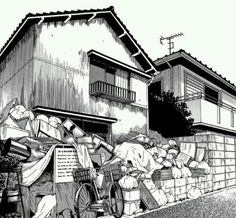 a black and white drawing of a house with lots of trash on the street next to it