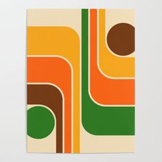 an orange, green and brown abstract painting on a white wall with two circles in the center