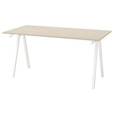 a white table with two legs and a rectangular top, on a white background in front of a white backdrop