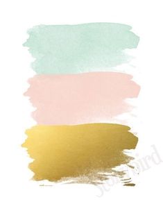 three different shades of pastel paint on white paper with gold, pink, and green