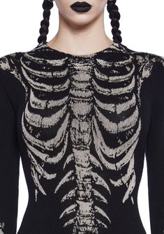 This midi dress has a stretchy knit construction, a ribbed collared neckline, skeleton bone anatomy print on the front, a distressed design, and an asymmetrical hemline. Bone Clothes, Knit Skeleton, Asmr Ideas, Bone Anatomy, Faux Fur Outfit, Fur Costume, Skeleton Dress, Bone Collector, Goth Shoes