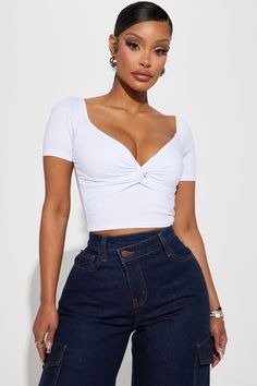 Available In Black, White, And Rose. Sweetheart Neckline Short Sleeve Twist Front Detail Cropped Stretch 90% Polyester 10% Spandex Imported | Vanessa Twist Front Top in White size Small by Fashion Nova Twist Front Top, Womens Camisoles, Knit Tops, Tank Top Camisole, Twist Front, White Fashion, Sweetheart Neckline, Fashion Nova, Twist