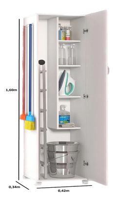 an open white cabinet with cleaning supplies in it and measurements for the door to be opened