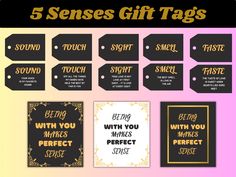 five different tags with the words 5 senses gift tags