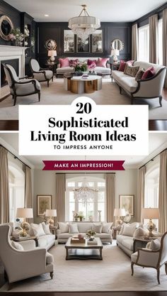 a living room with couches, chairs and tables in the middle is featured on this page