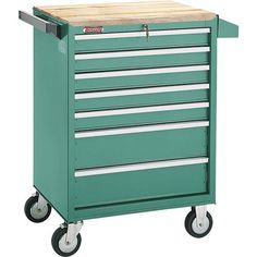 a green tool cabinet with drawers on wheels