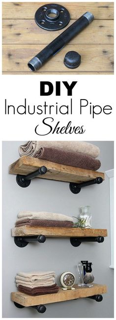 diy industrial pipe shelves made out of wood and metal wheels with text overlay that reads, diy industrial pipe shelves