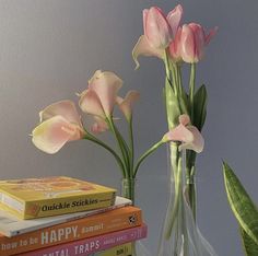 some pink flowers are in a clear vase with books on the table next to it