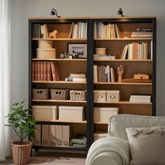 a living room filled with lots of furniture and bookshelves covered in shelves next to a window