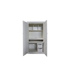 an open cabinet with two shelves and one door on the right side, white background