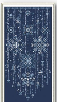 a cross stitch pattern with snowflakes and stars on the blue background, as well as