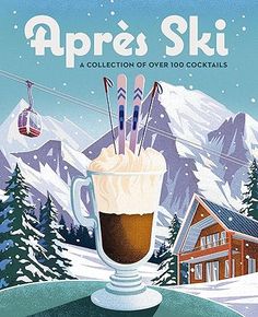 an advertisement for apres ski featuring a cup of coffee with skis on top