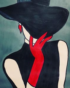 a painting of a woman with a black hat and red scarf on her neck wearing a black dress