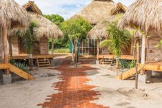 some huts with thatched roof and palm trees