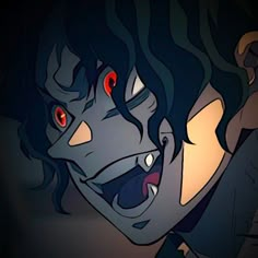 an animated image of a creepy man with red eyes and black hair, holding his arm out to the side