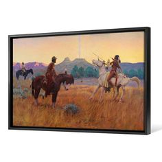 an oil painting of native americans on horses