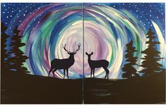 two deer standing next to each other in front of a night sky with stars and swirls