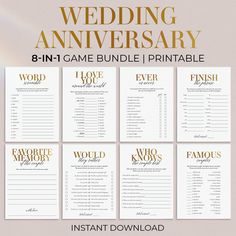 the wedding anniversary game bundle is shown in gold and white