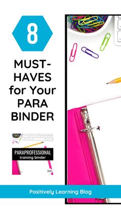 an image of a binder with the title 8 must - haves for your para binder