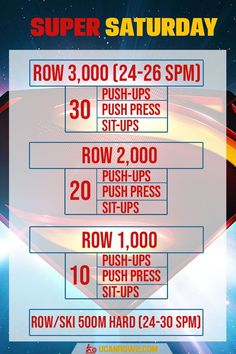 the super saturday schedule is shown in red, white and blue with an image of supermans