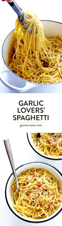 two pictures show how to make garlic lovers spaghetti