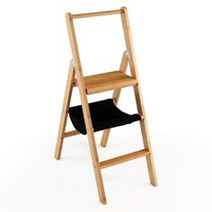 a wooden step stool with black seat cushion