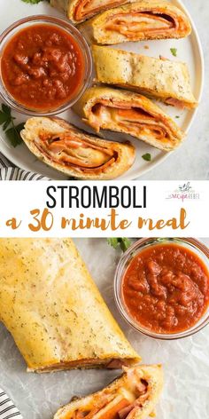 a plate with some food on it and the words stromboli in front of it