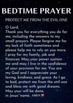 a poem written in the night sky with stars above it and an inscription that reads bedtime prayer protect me from the evil one