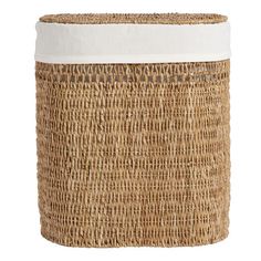 a large woven basket with white lining on the top and bottom, sitting against a white background