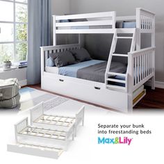 there is a bunk bed with drawers underneath it and the bottom bunk has two mattresses