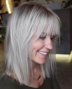 Wispy Long Bob with Bangs Lob Haircut With Bangs, Hair Shag, Fine Hair Bangs, Long Bob Cuts, Long Bob With Bangs, Bob Hairstyles With Bangs, Long Bob Haircuts, Lob Haircut, Bob With Bangs